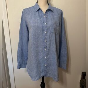 LL Bean Linen women’s button down oxford blouse slow fashion blue medium LS
